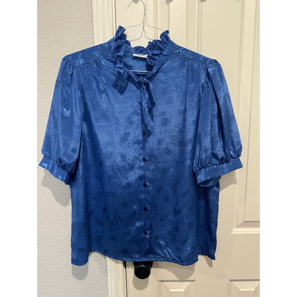 VTG Secretary Top Pussybow Tie Neck Blue Puff Sleeve 70s Librarian Silky XL